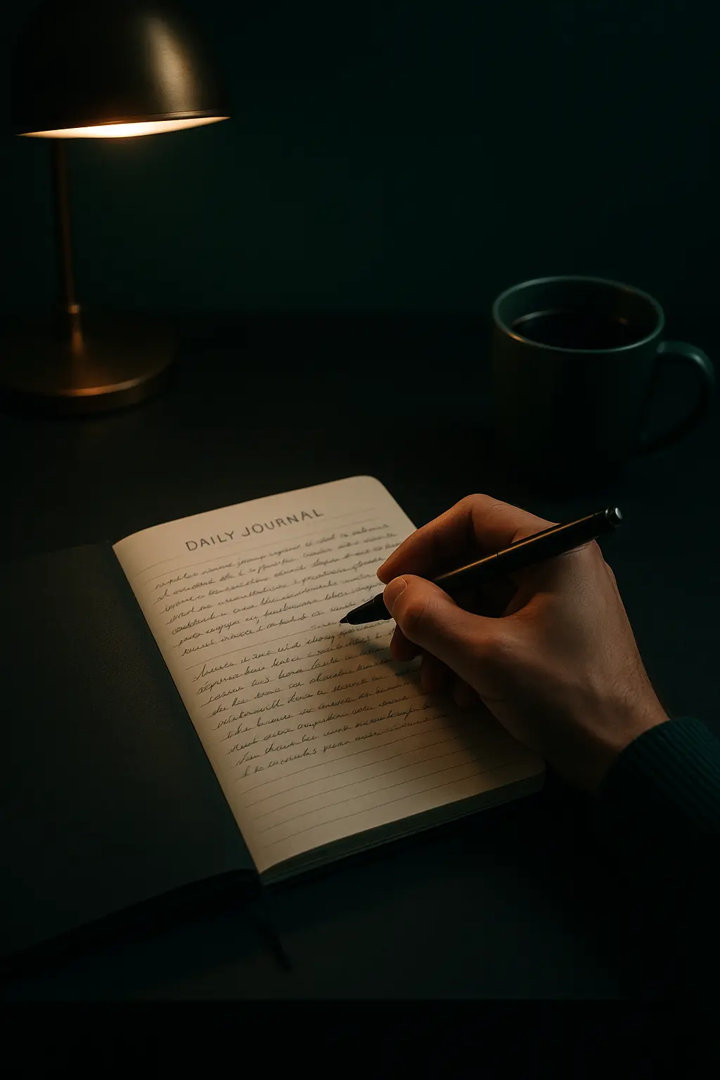 A quiet desk with a handwritten daily journal